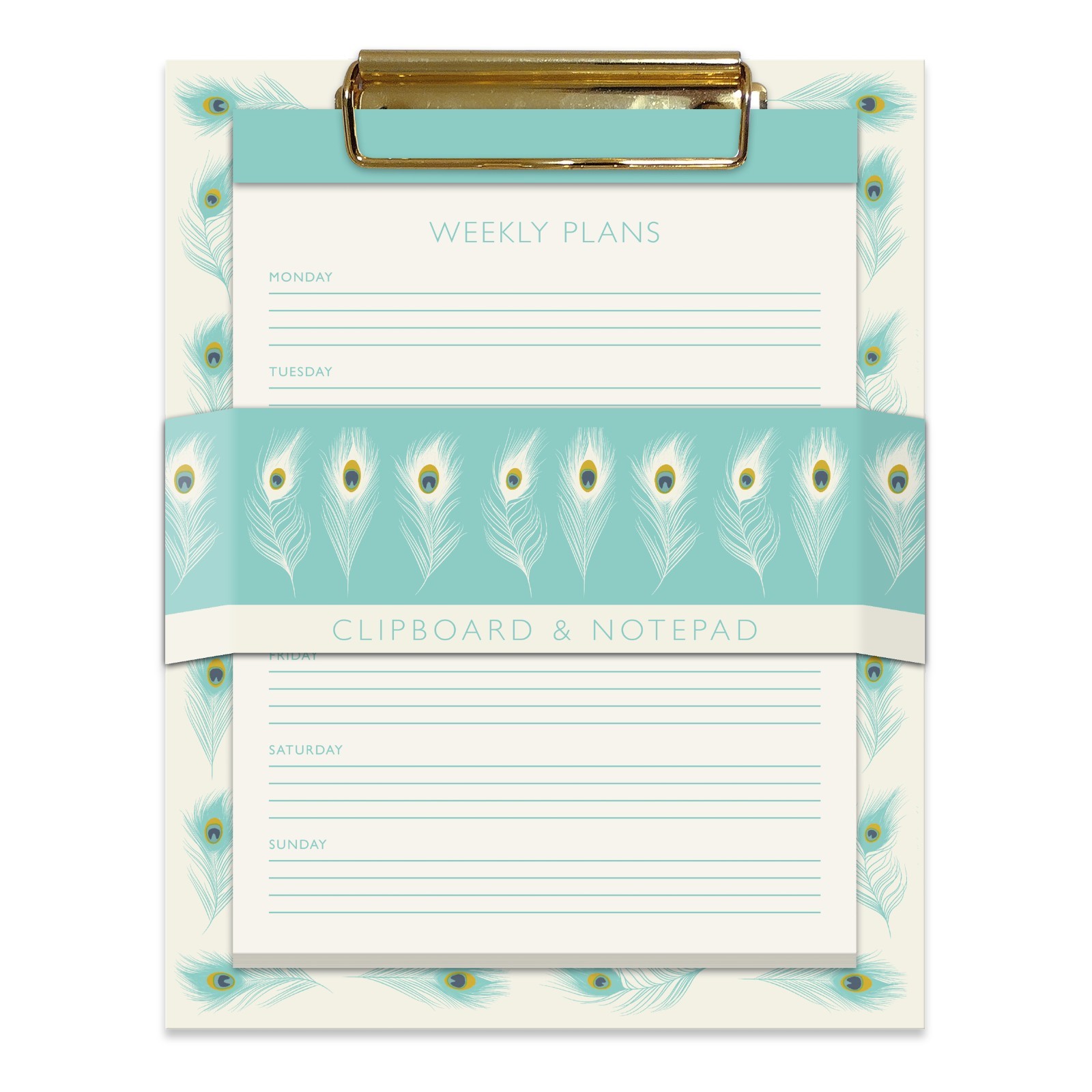 Weekly Planner Notepad & Clipboard Set – Peacock Feathers Design, Desk Organiser