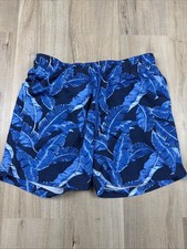 Lands End Swim Trunks Mens Medium Blue Palm Print Mesh Lined Drawstring NWOT