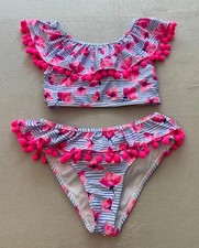 Nicole Miller 2-Piece Swimsuit Girls Medium Pink Blue Pom Pom Striped Floral