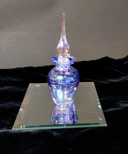 Glass Silvestri Taiwan Pulled Feather Blue Iridescent Perfume Bottle w/Stopper