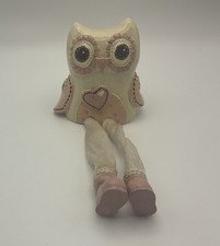 Ceramic Owl Shelf Sitter Cream & Pink Fabric Legs Hearts Pink Shoes Large Eyes