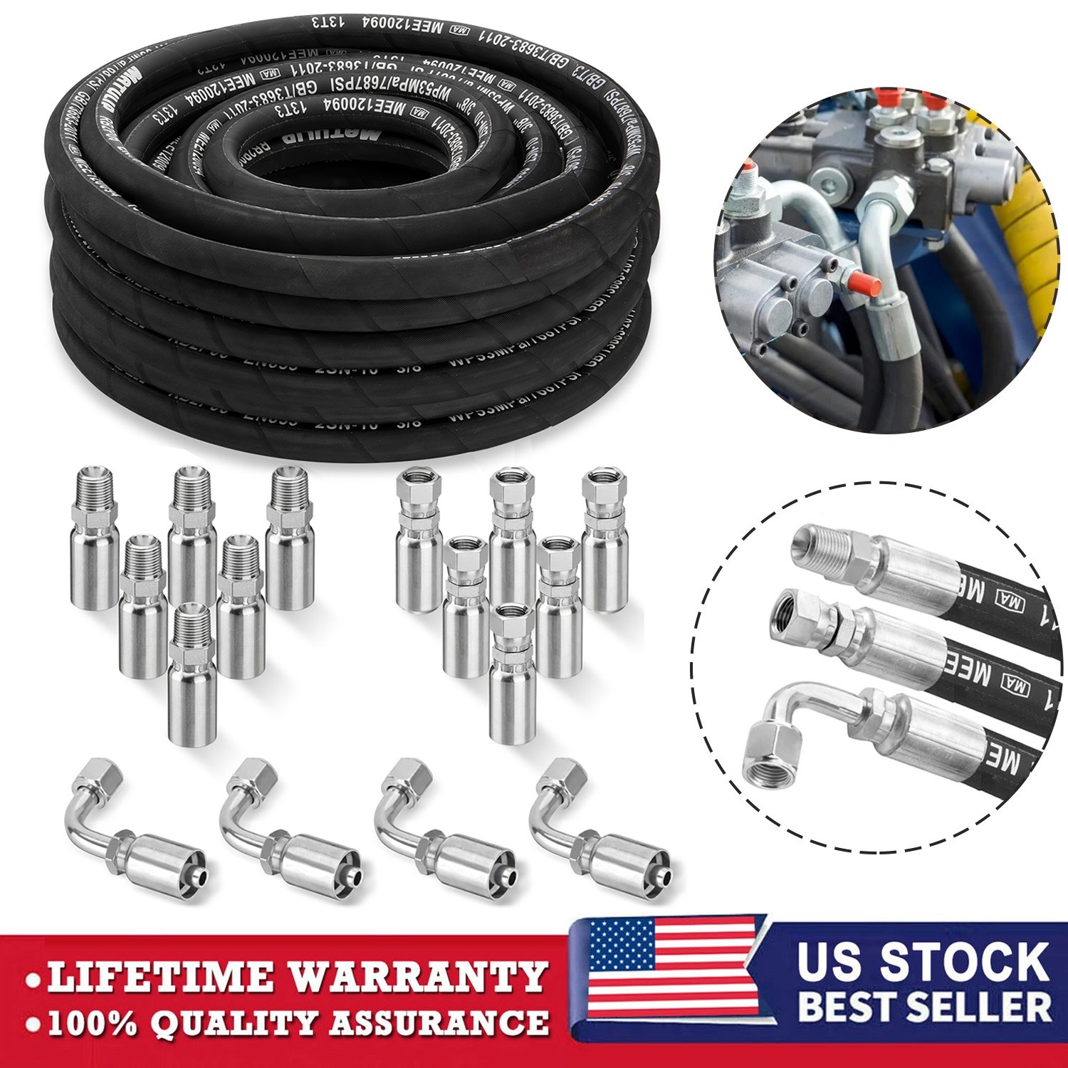50FT 3/8" Hydraulic Hose with 16PCS Hydraulic Hose Fittings, 2-Wire Braided Tube
