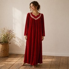 Vintage Red Velvet Nightgown Lace Trim Cottagecore Maxi M/L