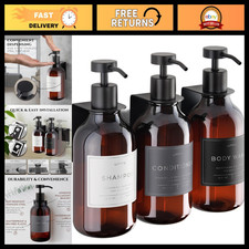 Wall Mounted Shower Shampoo Dispenser Set - 3 Refillable Amber Bottles, No-Drill