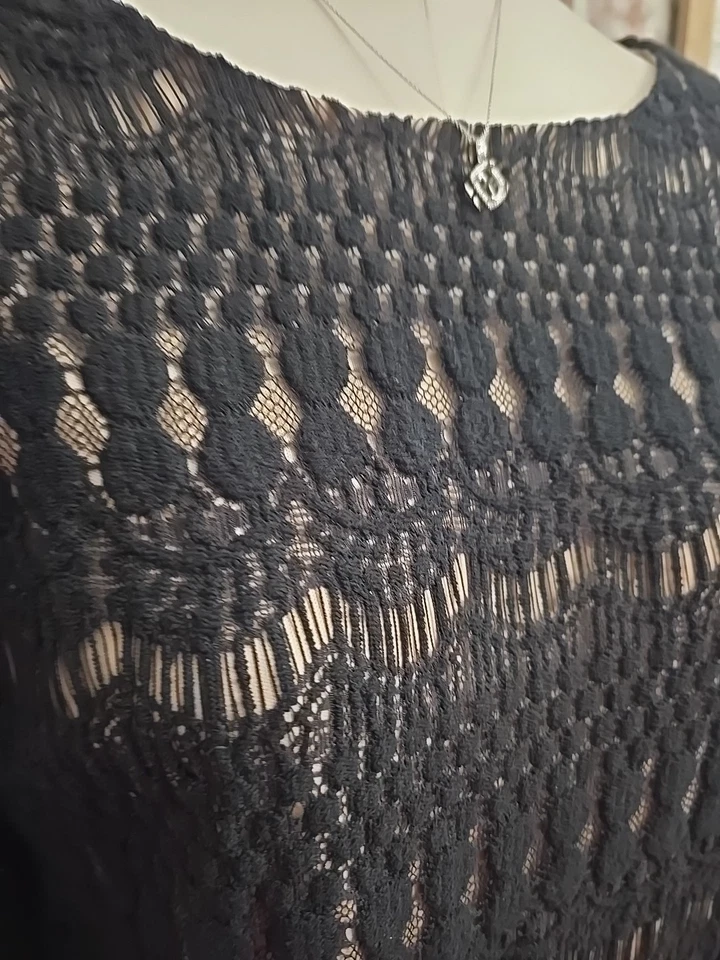 Vestido para mujer Ronnie Nicole talla 12 negro encaje forro nude mangas 3/4 Foto 2 de 4