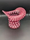 VTG Fenton Cranberry Pink Opalescent Coin Dot Art Glass Ruffle Top Hat Vase