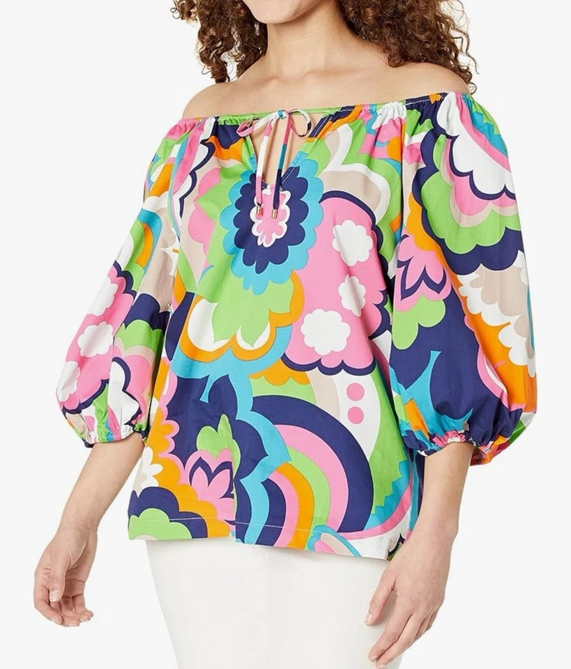 Trina Turk тропический топ женщин большой цветочный Лас-Пальмас воздушный шар органический курорт - Изображение 2 из 4