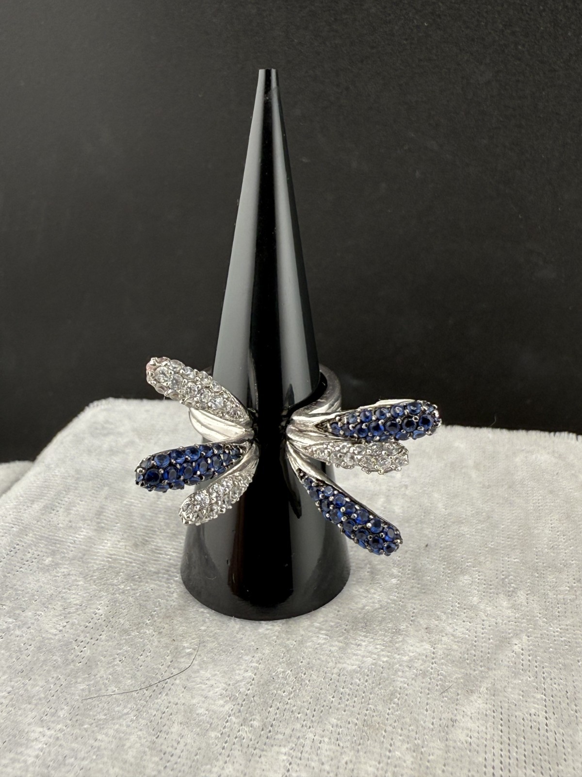 Statement Cocktail Ring Blue Silver Rhinestone 7" - image 2