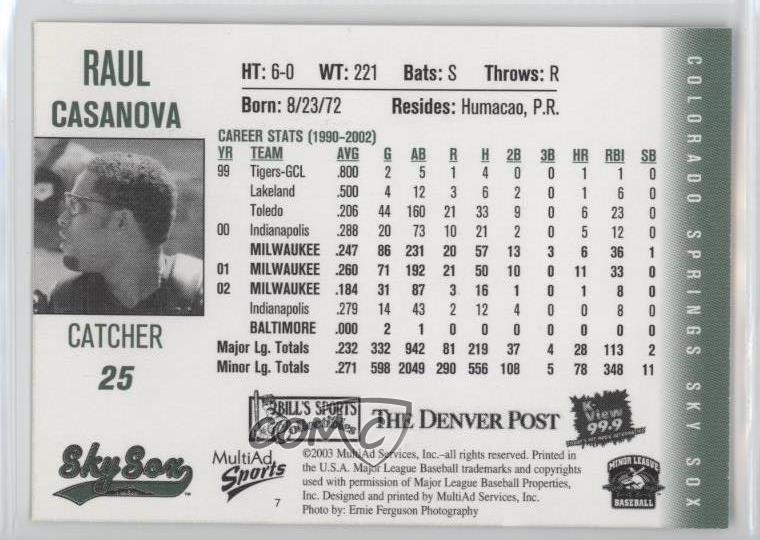 2003 MultiAd Sports Colorado Springs Sky Sox Raul Casanova 7 eBay