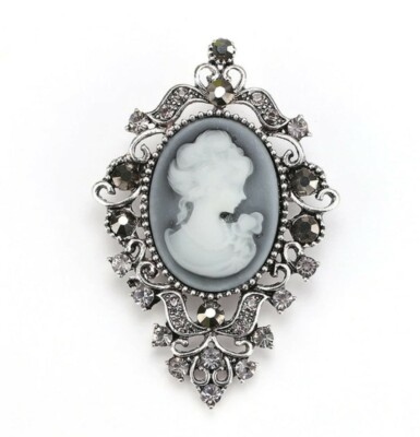 Broche Vintage Fleur Rose Rouge Cristaux - Métal Argenté, Bon état Occasion