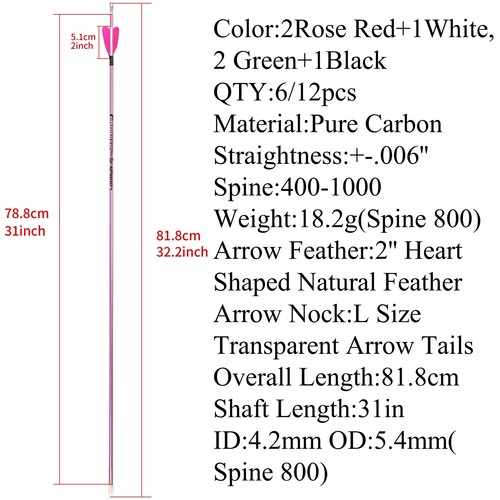 31'' Archery Pure Carbon Arrow Spine 400-1000 2'' Heart Natural Feather Shooting - Picture 6 of 13