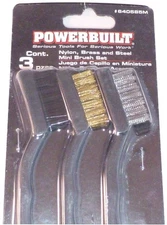 3 Piece Powerbuilt AUTO CAR DETAIL BRUSH SET, Brass, Nylon & Steel 7.5"