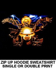 FLAMING GHOST SKULL MOTORCYCLE RIDER BIKER V-TWIN CHOPPER ZIP HOODIE SWEATSHIRT