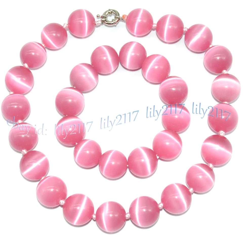 Huge 20mm Pink Opal Cat's Eye Gems Round Beads Necklace 18'' Bracelet 8-8.5'' - Image 2 of 4