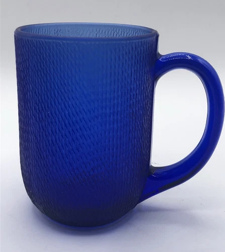 Vintage cobalt blue mug handled coffee cup Arcoroc France Blue Textured glass
