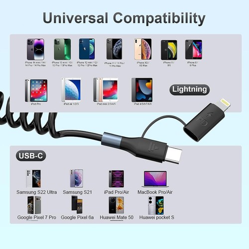 2in1 60W Coiled Type C Cable Charger For Samsung S25 S24 S23 iPhone 16 15 14 13 - Picture 5 of 10