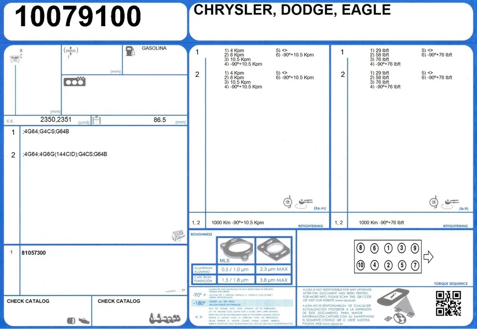 Juego de juntas de culata DODGE RAM 50 2.4 102 4G64 (1992-1996) Foto 2 de 2