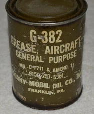 SOCONY MOBIL OIL GREASE AIRCRAFT GENERAL PURPOSE G-382 MILITARY TIN RARE