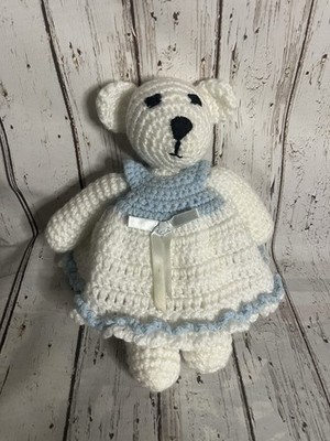 Handmade Crochet White Teddy Bear Stuffed Animal Doll In Blue Dress