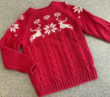 LANDS END KIDS Red Holiday Christmas Ski Sweater Reindeer Snowflakes M 5-6