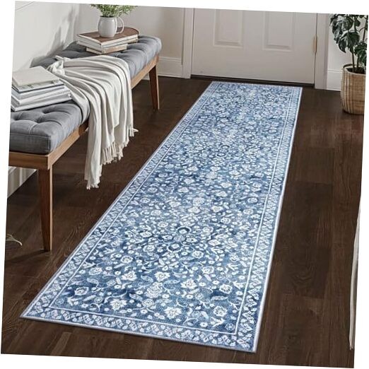 Vintage 2x8 Washable Hallway Runner Rug in Denim Blue and White