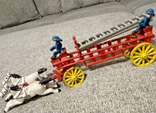 Antique Cast Iron Horse Drawn Fire Truck Engine Wagon - w/ Two 2 Firemen