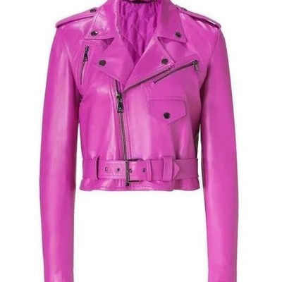 Women s Hot Pink Biker Motorcycle Leather Jacket Cropped Moto Style Belted