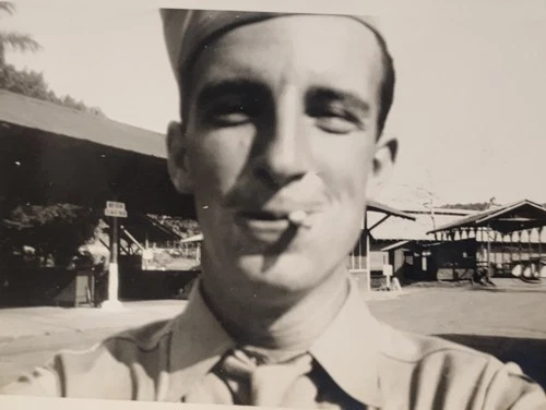 Smoking Soldier Selfie Snapshot - Vintage 1940s WW2 Military Man  Close-Up Photo