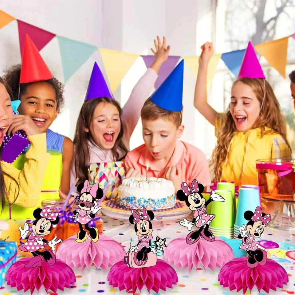 Suministros de fiesta de cumpleaños Minnie, 9 piezas centros de mesa de panal, decoración de ratón Foto 4 de 4