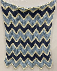Blue & Cream Chevron Stripe Crochet Knit Afghan Granny Blanket 52x36