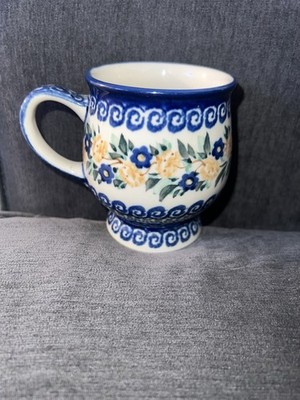 UNIKAT Polish Pottery Pedestal Mug M Starzyk Hand Painted Flowers Poland