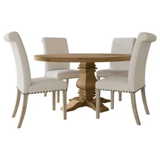 5 PC 60" ROUND DINING TABLE AND 4 BEIGE UPHOLSTERED CHAIRS  FURNITURE SET