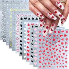 12 Pcs Valentines Day Nail Stickers, Red Pink White Black Gold Heart Stickers