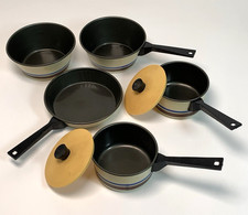 VINTAGE CHILTON KIDS BLUE BROWN KITCHENWARE SET ALUMINUM POTS PANS And Lids