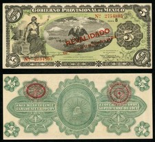 Currency 1914 Gobierno Provisional De Mexico 5 Pesos Revalidado Banknote P S702b
