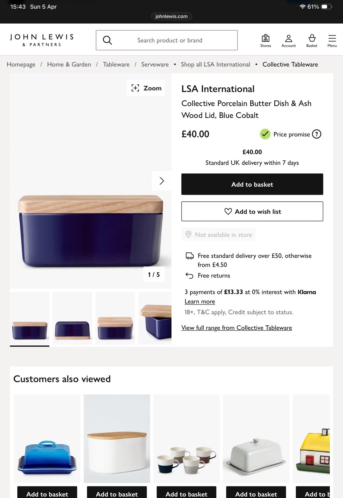 John Lewis LSA Int Collective Porcelain Butter Dish & Ash Wood Lid, Blue Cobalt