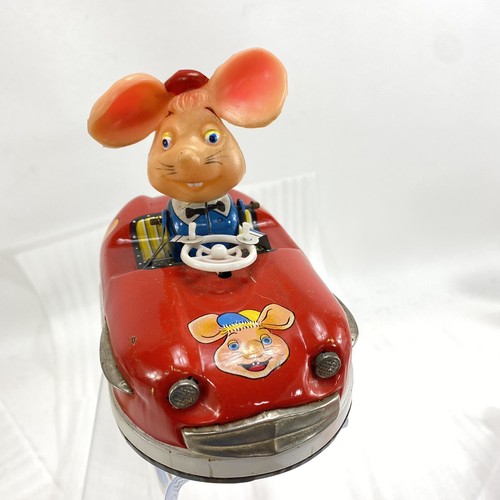 Vintage Topo Gigio Blech zum Aufziehen hüpfender Rennwagen kleine italienische Maus Japan - Bild 12 von 12