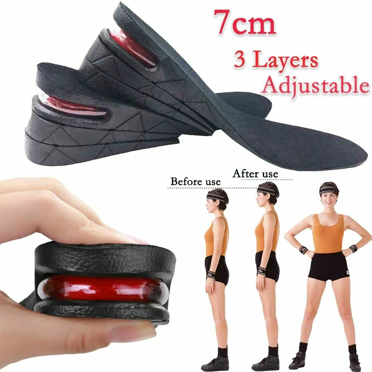 Adjust 3Layer 7cm Unisex Shoe Lift Height Increase Heel Insoles Insert  Taller