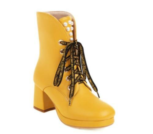 Para mujeres Tacones de bloque Con cordones Perla Dulce Plataforma Botines de vestir Zapatos de vestir Plus Talla - Imagen 4 de 12