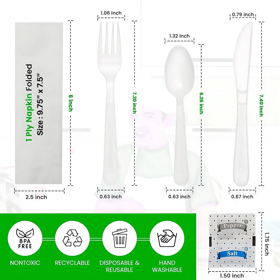 Paquete de cubiertos desechables de plástico para utensilios tenedor cuchara cuchillo servilleta sal pimienta paquete Foto 2 de 4