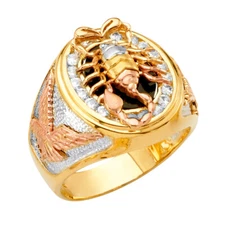 Ioka -14K Solid Tri Color Gold Round Cut CZ Scorpion and Eagle Men's Ring