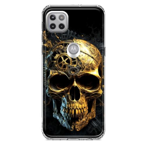 For Motorola One 5G Ace Shockproof Hybrid Case, Bronze Steampunk Skull Black - Afbeelding 1 van 8