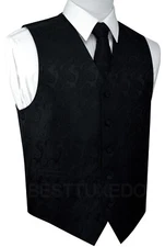 MEN'S BLACK PAISLEY TUXEDO VEST, TIE & HANKIE SET FORMAL WEDDING PROM HOMECOMING
