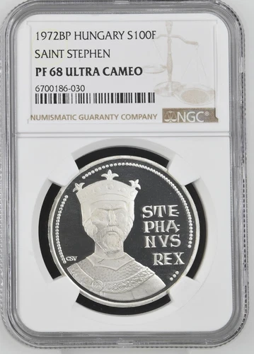 1972 HUNGARY SILVER 100 FORINT SAINT STEPHEN NGC PF 68 UC