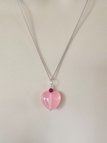 Sterling Silver Rose Quartz Heart and Garnet Choker Necklace 18" - Picture 5 of 7