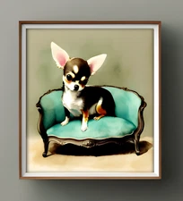 CHIHUAHUA ON A VINTAGE SOFA  printable poster wall art download illustration