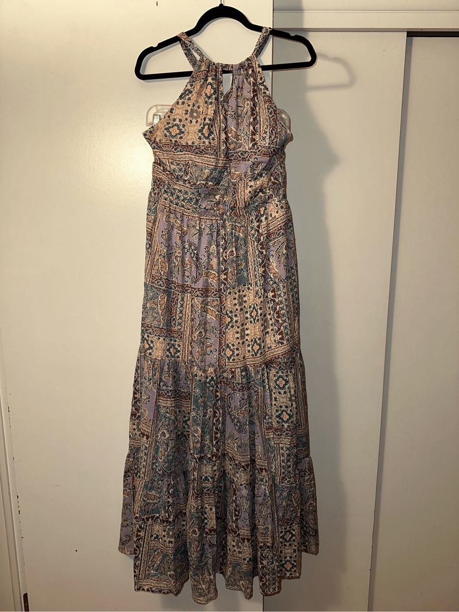 lulus bohemian dress Women’s Purple Pattern Tiered Maxi XL NWT Style:SH22810560-237 3% Spandex x-sellingCondition:Limited ROCOCO SAND Cross Back