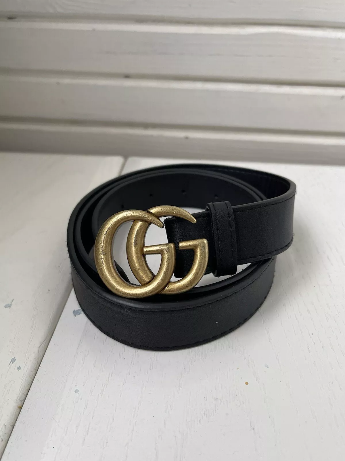GUCCI Authentique Ceinture Femme   Cuir Noir avec Boucle Double G Laiton
