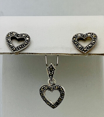 925 Sterling Silver Thailand Marcasite Heart Pendant Pierced Earrings Set 