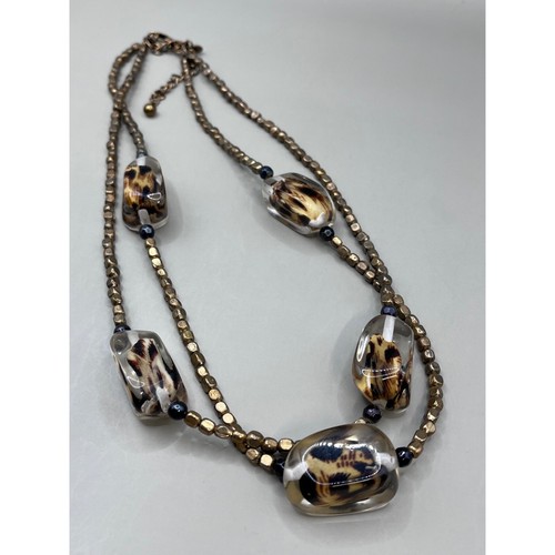 Chico's Statement Necklace Leopard Print Beads Bronze Tone Chain 20.5" - Picture 2 of 7